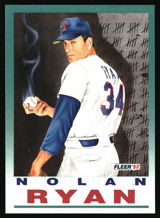 A Fleer '92 baseball trading card featuring Nolan Ryan in a Texas Rangers uniform, shown from the back as he looks over his shoulder while holding a baseball. The card has a teal border and the name 'NOLAN RYAN' printed at the bottom.