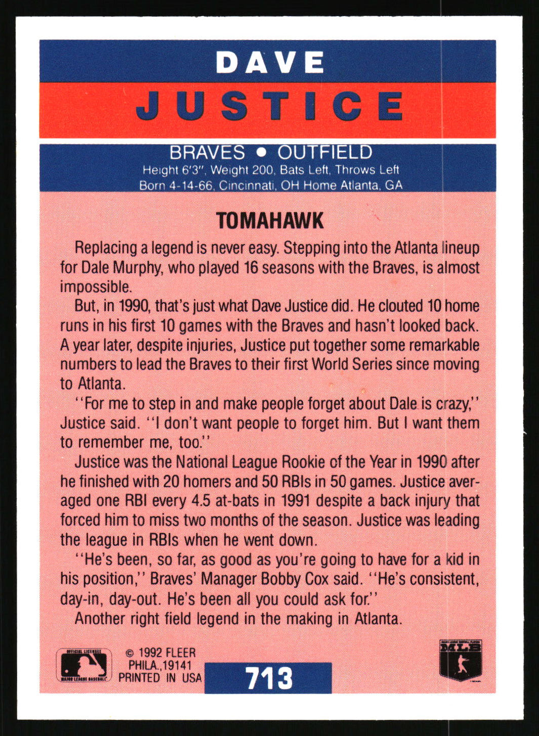 Back of a baseball trading card featuring a pink background with player statistics and text, plus a red and blue top border with the name DAVE JUSTICE in large letters.