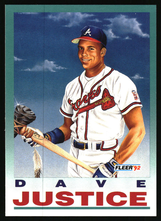 A vintage baseball trading card featuring an illustrated portrait of Dave Justice in a white Atlanta Braves uniform, holding a bat and glove, with the name 'DAVE JUSTICE' printed at the bottom and a Fleer '92 logo.