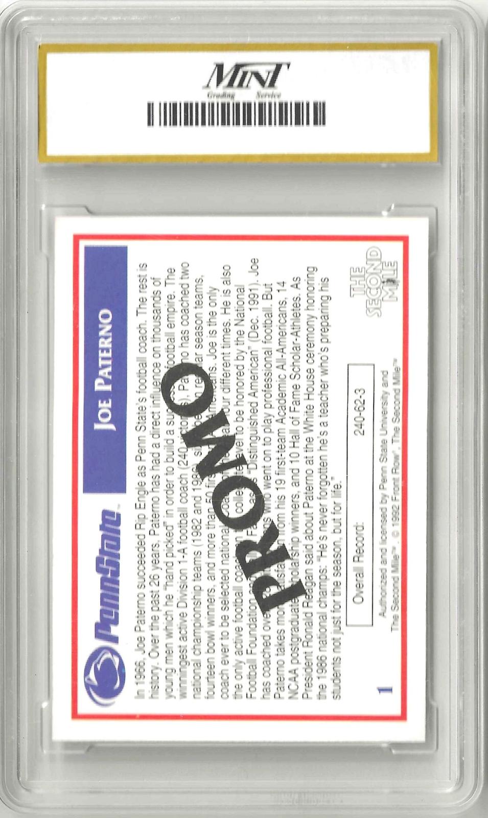 Back of promo trading card with text on a white background.