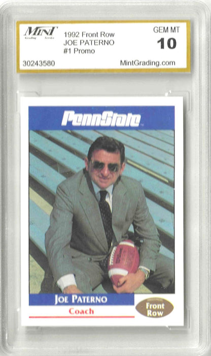 Vintage trading card featuring Joe Paterno sitting at Penn State stadium holding a football. Grade 10 GEM MINT