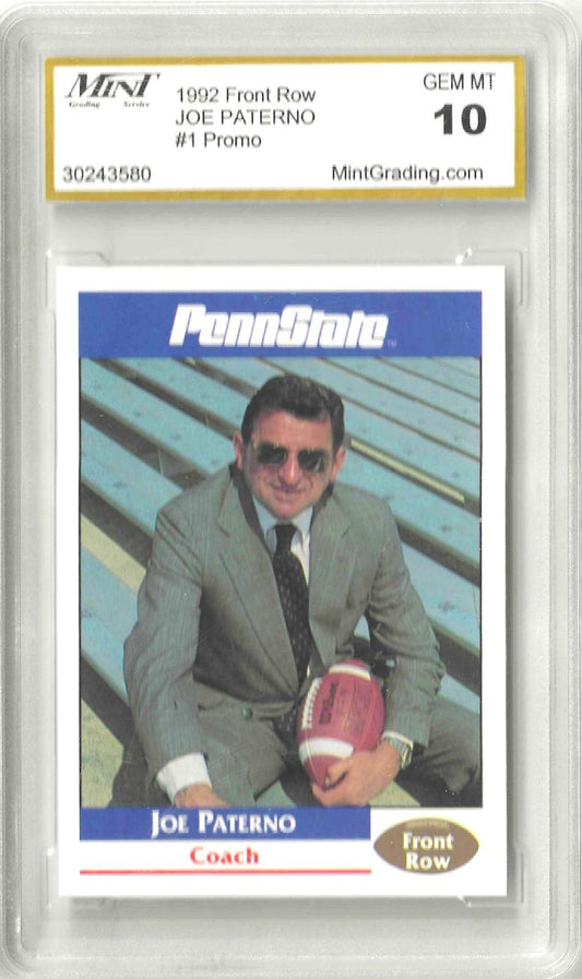 Vintage trading card featuring Joe Paterno sitting at Penn State stadium holding a football. Grade 10 GEM MINT