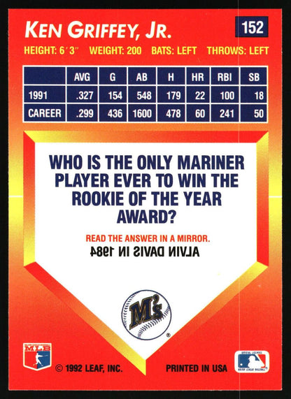 A vintage baseball trading card back featuring Ken Griffey, Jr., with red and orange border graphics, a white home-plate-shaped text panel, and baseball statistics at the top.