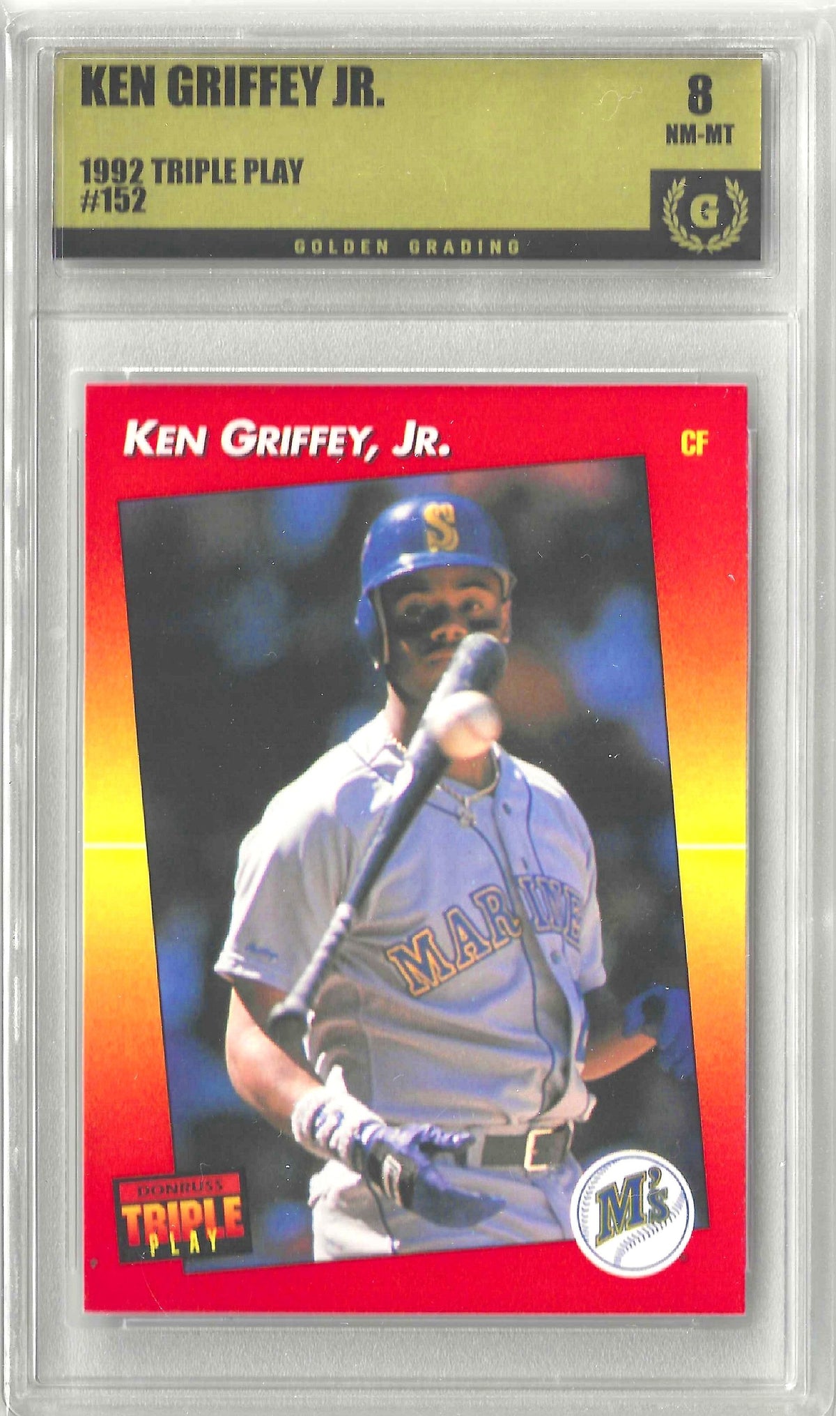 A graded 1992 Ken Griffey Jr. baseball trading card, PSA 8 NM-MT, showing the player in a gray uniform with a blue helmet, encased in a clear plastic grading case with a gold and black header.