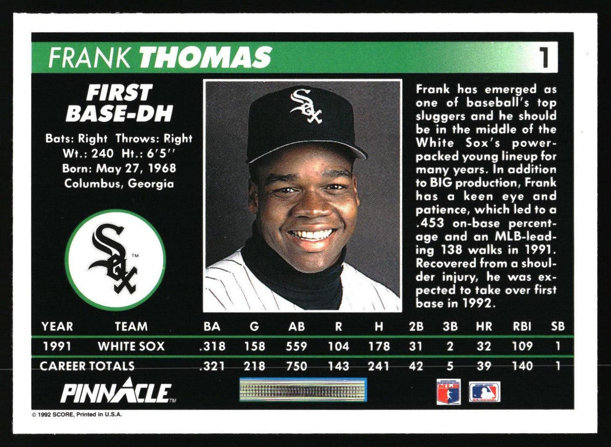 A baseball trading card featuring Frank Thomas of the White Sox, with biographical text, a photo of him in a cap and uniform, and a stats table at the bottom. The card shows the Pinnacle brand logo.