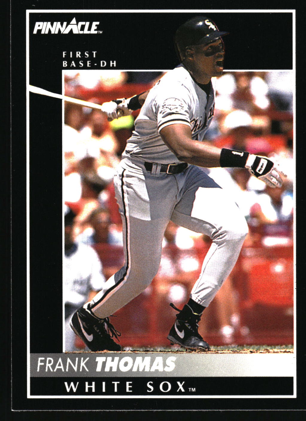 A vintage Pinnacle baseball trading card featuring Frank Thomas of the White Sox in a batting stance. The card has a black border with 'PINNACLE' at the top and 'FRANK THOMAS WHITE SOX' at the bottom.