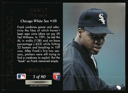 Back of a 1992 Topps baseball trading card featuring player information for Frank Thomas and a photo of him in a Chicago White Sox cap looking down.