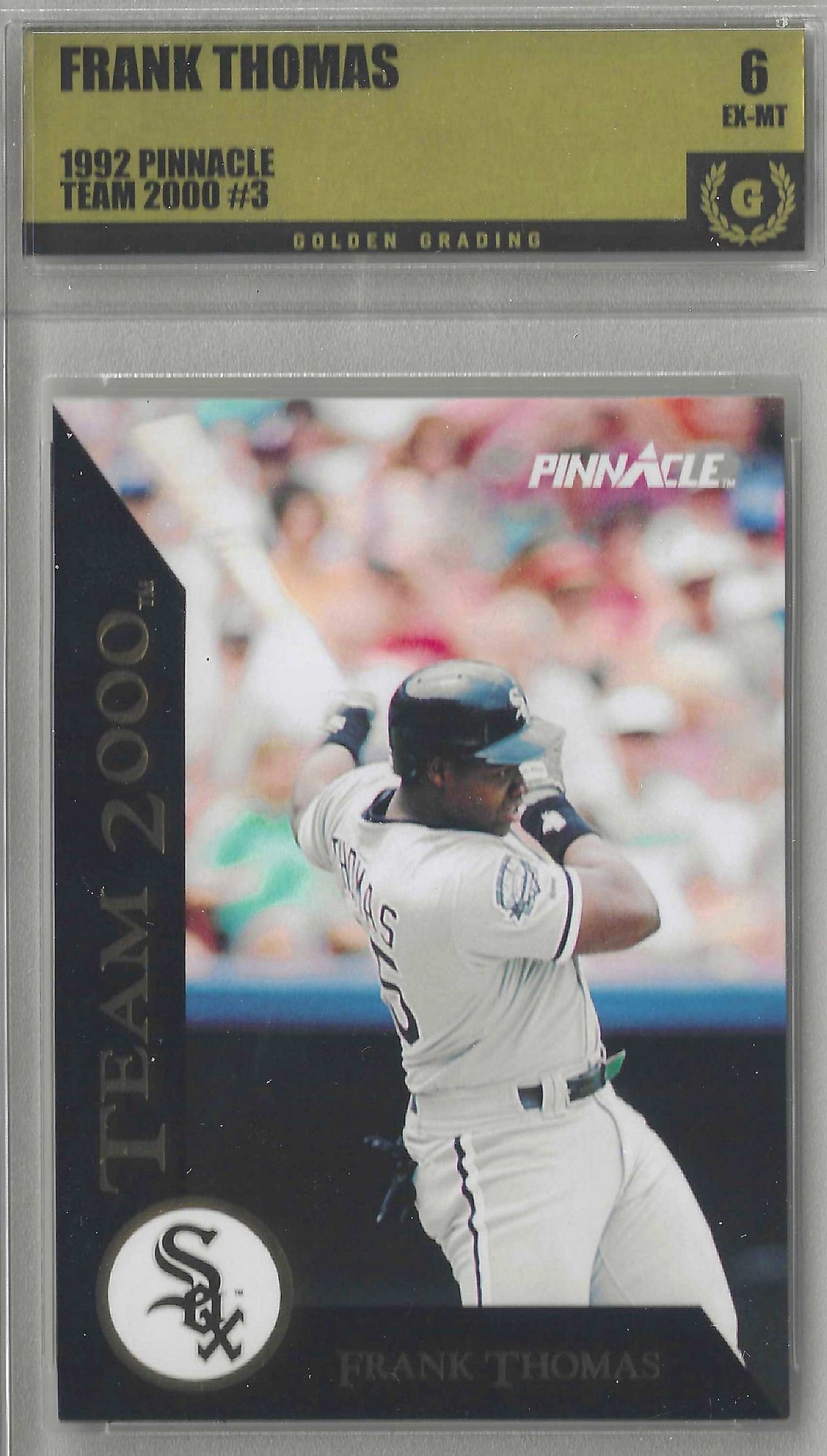 A collectible baseball trading card featuring Frank Thomas of the Chicago White Sox in a batting stance. The card has a black border with 'TEAM 2000' on the left, a 'SOX' logo at the bottom left, and 'PINNACLE' at the top right.