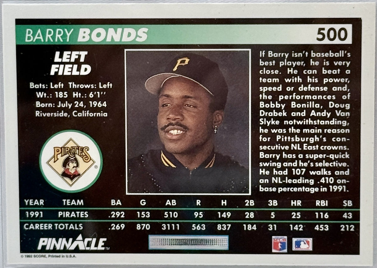 A vintage baseball trading card featuring Barry Bonds, showing his left-field profile with biographical text, a portrait photo, team logo, and career totals.
