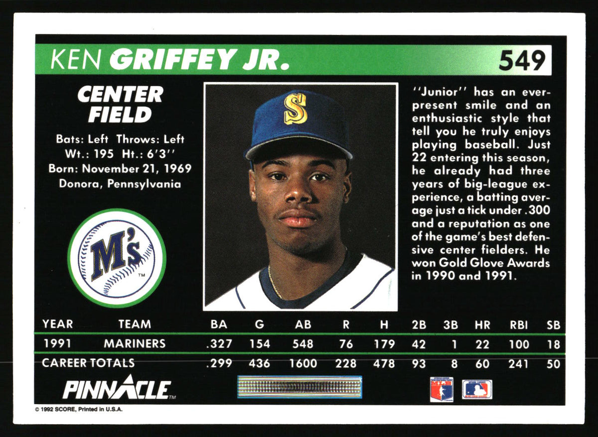 A baseball trading card featuring Ken Griffey Jr., with a portrait photo, career totals table, MLB logo, and team branding on a black background with green and white panels.