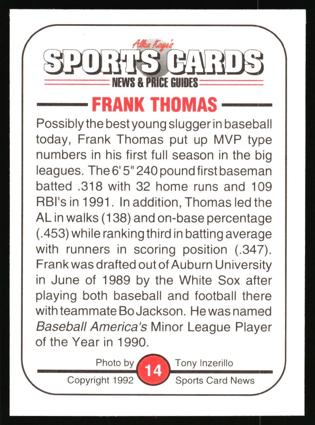 A vintage sports card featuring a white background with rounded corners and a black border. The top reads 'Alvin Levy Sports Cards News & Price Guides' and the main subject is a biographical card about baseball player Frank Thomas, with red and black text and a red circle containing the number 14.