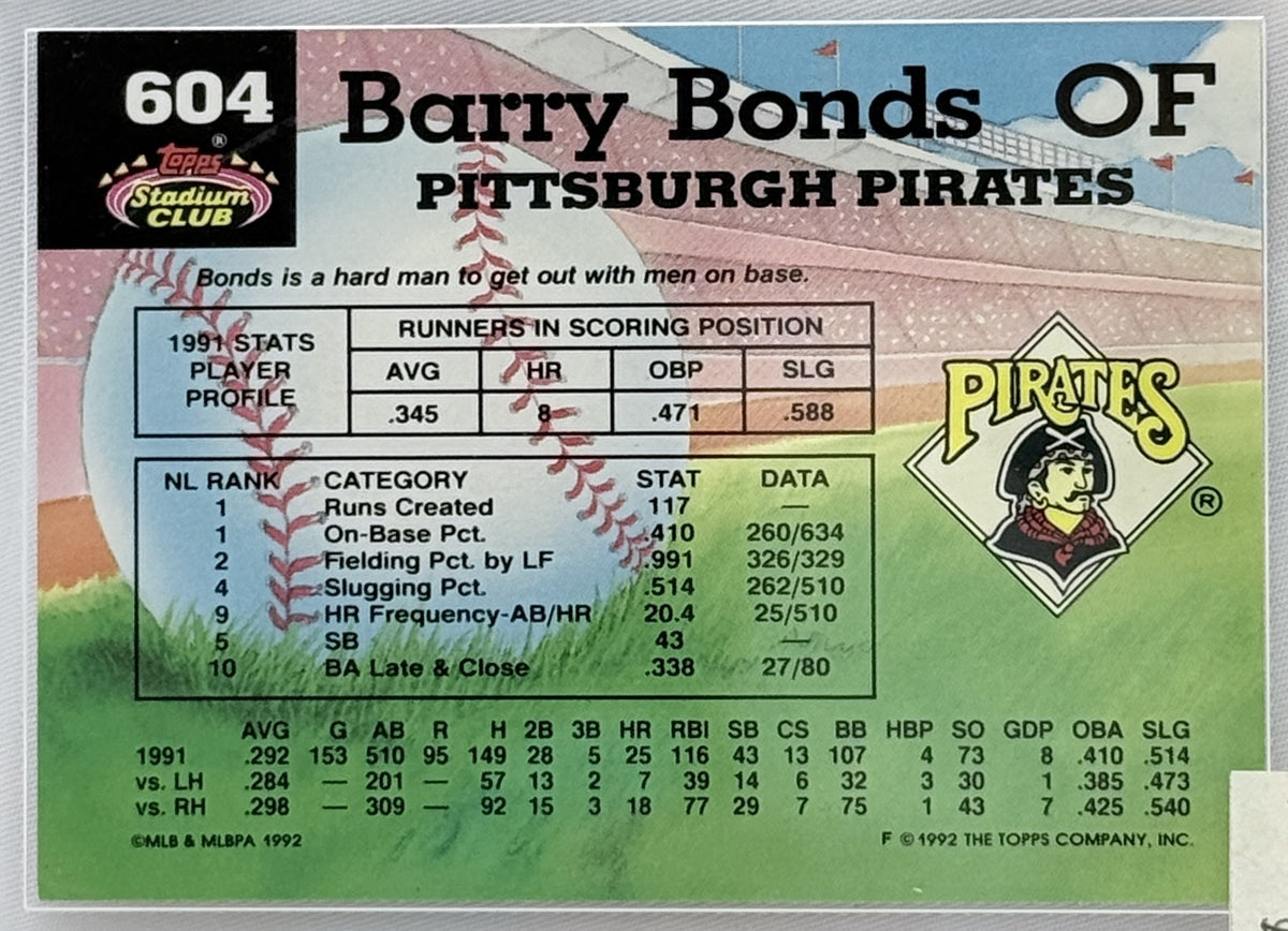 A vintage baseball trading card for Barry Bonds of the Pittsburgh Pirates, featuring his 1991 stats and a player profile section. The card has a green border, a baseball field illustration, and the Pittsburgh Pirates logo.