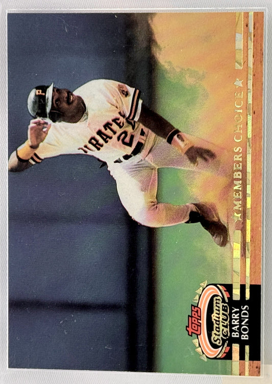 A vintage Topps Stadium Club baseball trading card featuring Barry Bonds in a Pittsburgh Pirates uniform, with the Topps logo and 'Members Choice' text at the bottom.