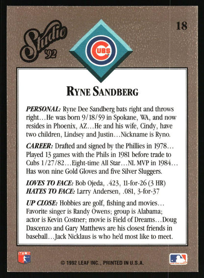A back-side view of a  Ryne Sandberg baseball trading card, featuring a brown textured background, a white text box with biographical details, a teal Cubs diamond logo, and a MLB sticker at the bottom.