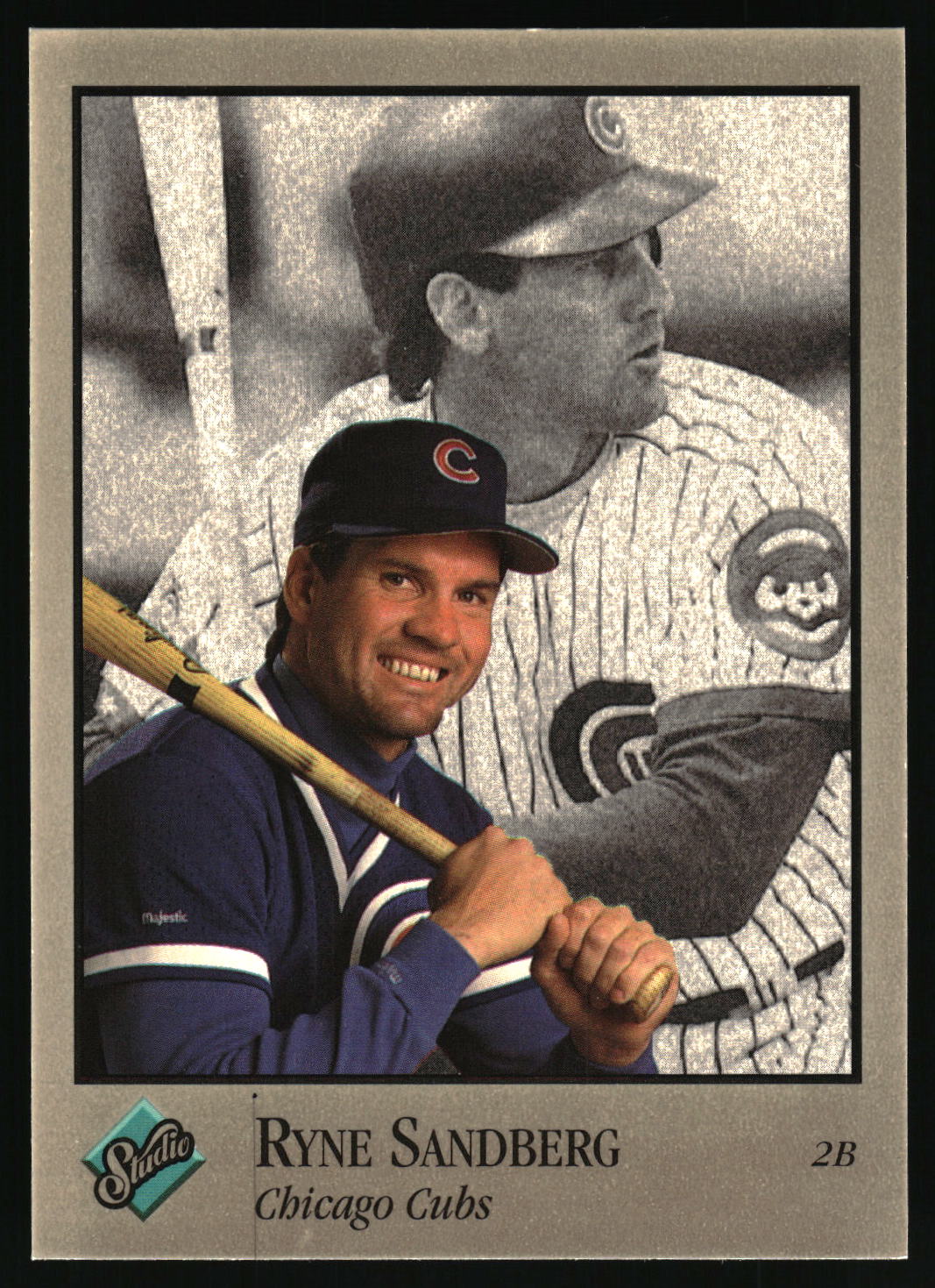 A vintage baseball trading card featuring Ryne Sandberg of the Chicago Cubs. The card shows a color photo of Sandberg in a blue Cubs uniform holding a bat in the foreground, with a black-and-white photo of him in a pinstripe jersey in the background.
