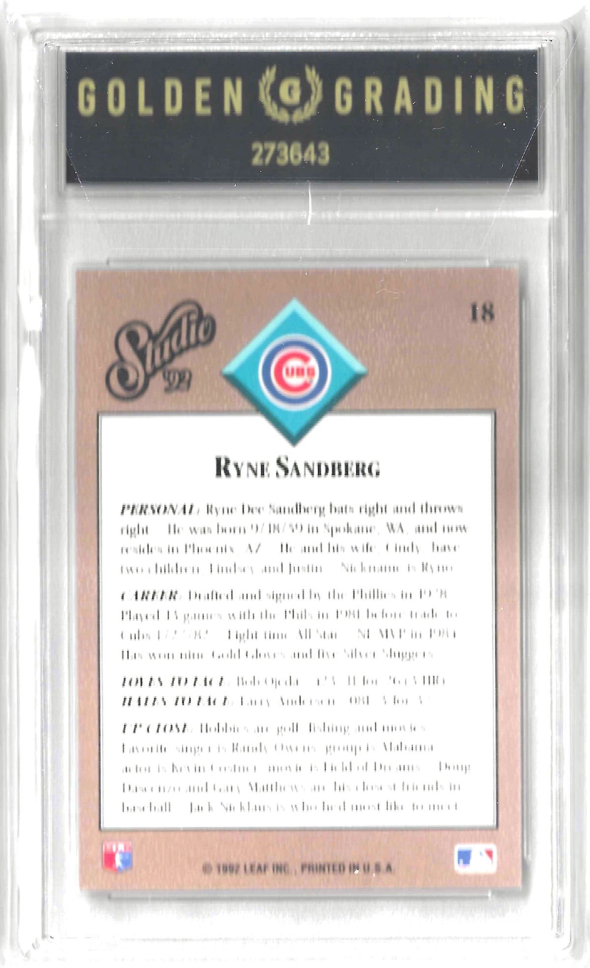1992 Studio #18 Ryne Sandberg Studio Previews Grade 9