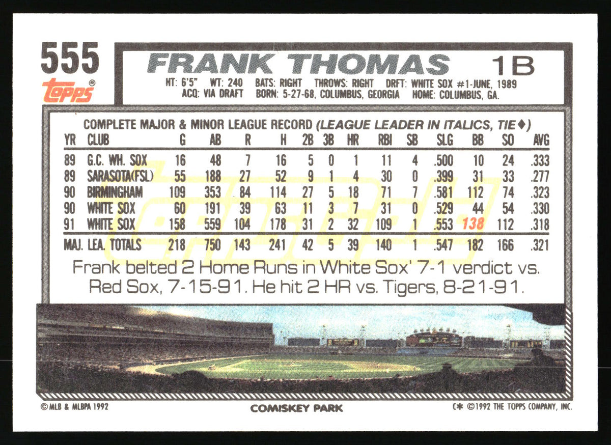 A vintage  baseball card, number 555, featuring Frank Thomas. The card shows his player stats,  photo of 'Comiskey Park' game scene on a white background with black text.