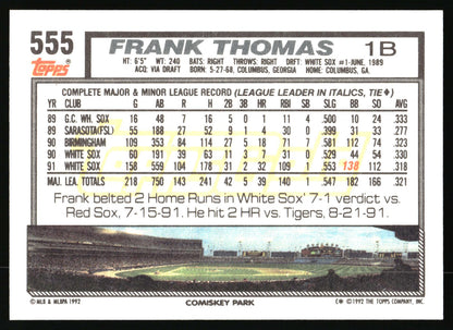 A vintage  baseball card, number 555, featuring Frank Thomas. The card shows his player stats,  photo of 'Comiskey Park' game scene on a white background with black text.