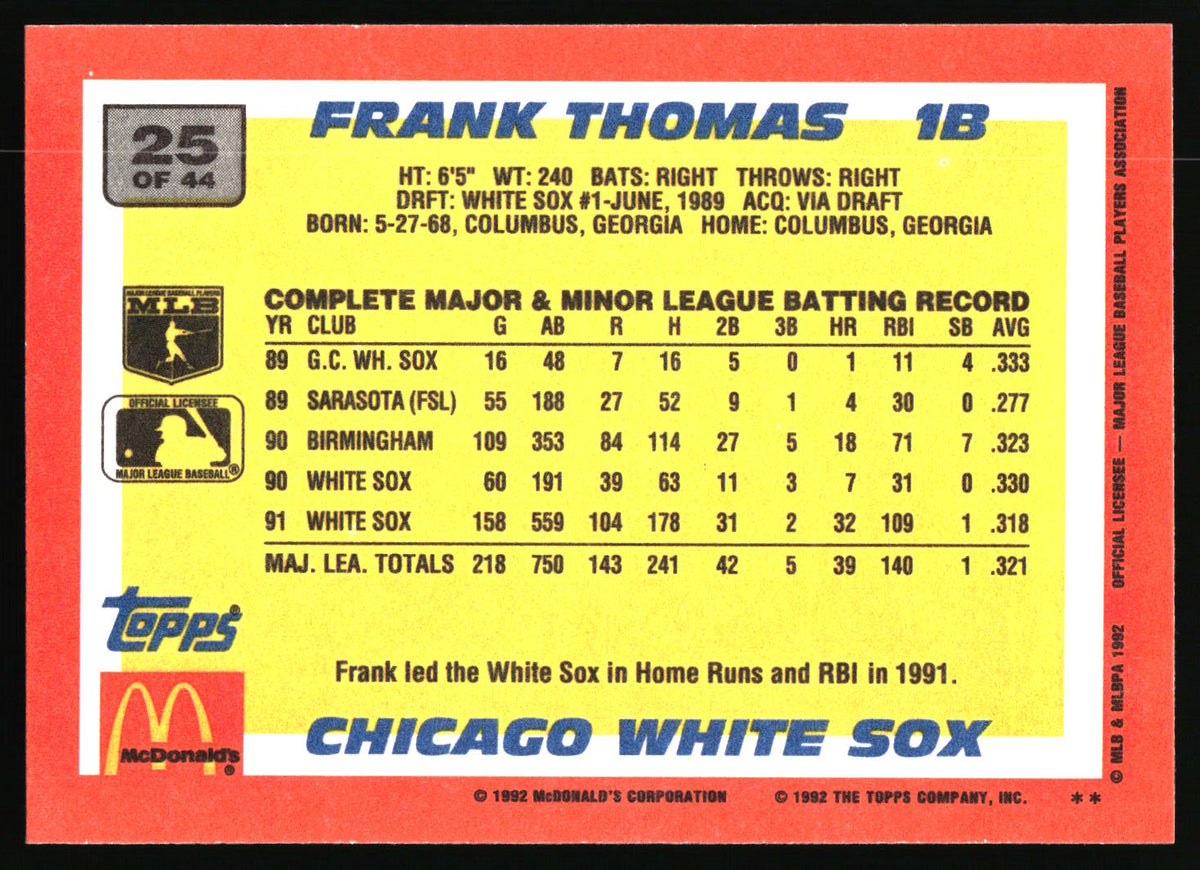 A vintage 1992 Topps baseball trading card back featuring Frank Thomas, Chicago White Sox player. The card has a red border, a yellow background, and black text with team and player details, plus Topps and McDonald's logos at the bottom.