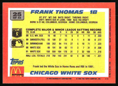 A vintage 1992 Topps baseball trading card back featuring Frank Thomas, Chicago White Sox player. The card has a red border, a yellow background, and black text with team and player details, plus Topps and McDonald's logos at the bottom.