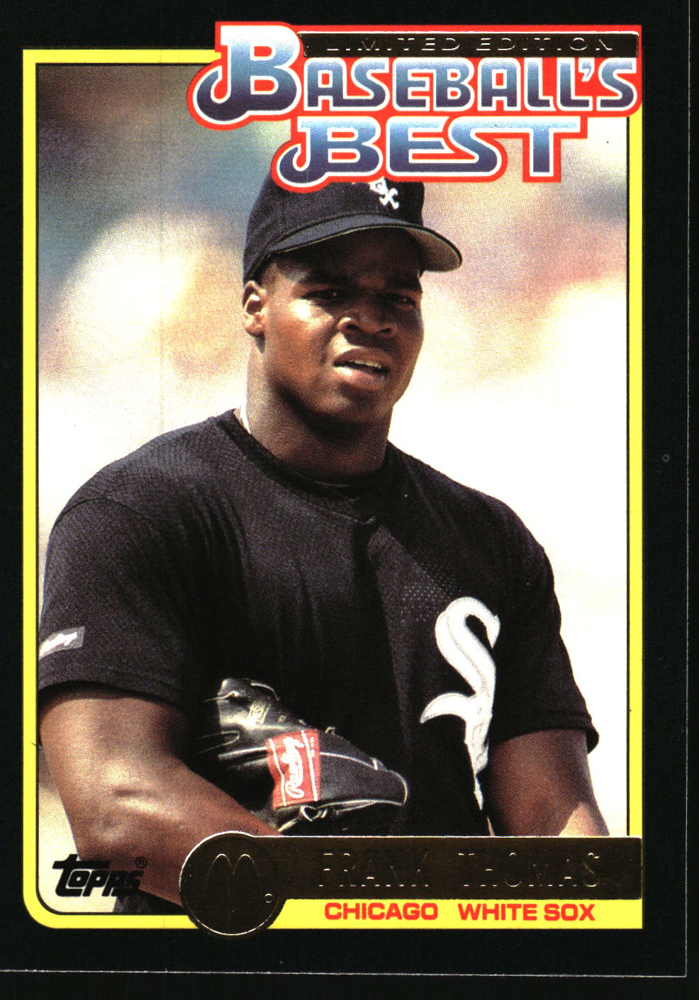 A vintage Topps baseball trading card featuring Frank Thomas of the Chicago White Sox. The card has a black border with a yellow inner frame and a yellow outer border.