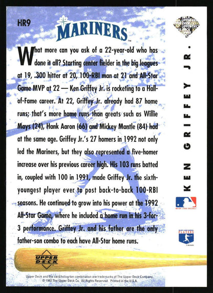 A back-side view of a Ken Griffey Jr. Upper Deck baseball trading card, featuring a white background with blue and navy graphics, player statistics.