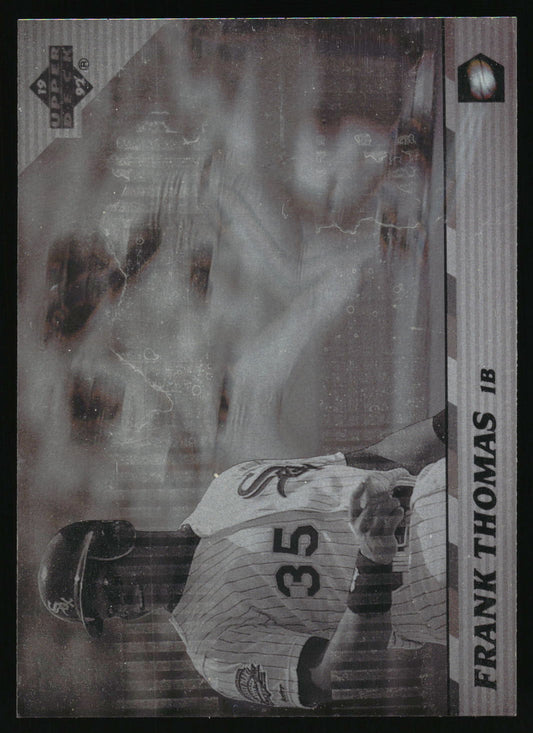 A vintage baseball trading card featuring Frank Thomas, a 1B player for the Chicago White Sox. The holographic photo of Thomas in his uniform and helmet, and vertical text on the right side reading 'FRANK THOMAS 1B'.