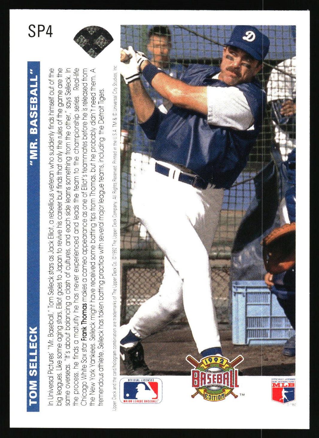 A vintage baseball trading card featuring Tom Selleck in a New York Yankees uniform, with biographical text on the left and team logos at the bottom.