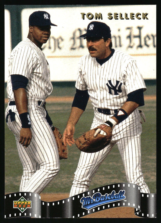 A vintage baseball trading card featuring Tom Selleck in a New York Yankees pinstripe uniform on the field, with the name TOM SELLECK at the top and an Upper Deck Mr. Baseball logo at the bottom.