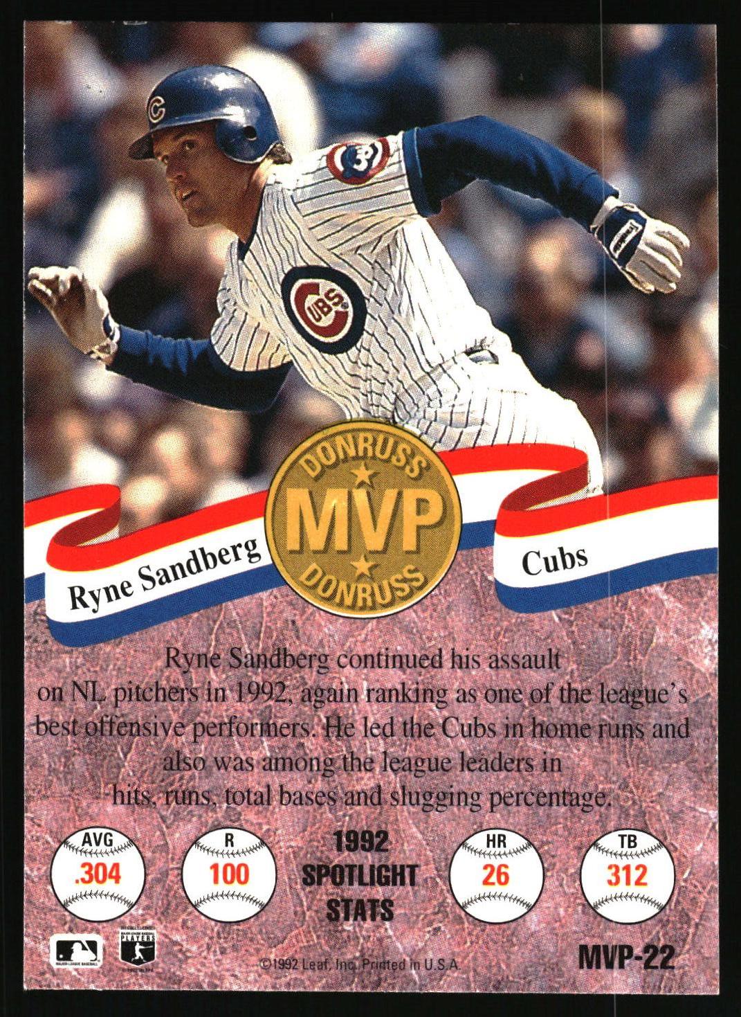 A vintage baseball trading card featuring Ryne Sandberg in a Chicago Cubs uniform, with a gold Donruss MVP seal, player stats, and team graphics on a red marbled background.