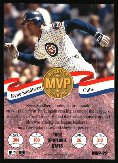 A vintage baseball trading card featuring Ryne Sandberg in a Chicago Cubs uniform, with a gold Donruss MVP seal, player stats, and team graphics on a red marbled background.