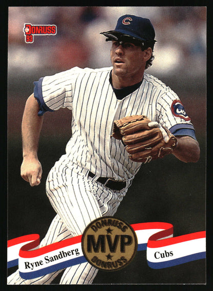 A Donruss 1993 baseball trading card featuring Ryne Sandberg of the Chicago Cubs in a pinstripe uniform, shown mid-pitch with a glove. The card includes a gold MVP seal and red, white, and blue ribbon graphics at the bottom.