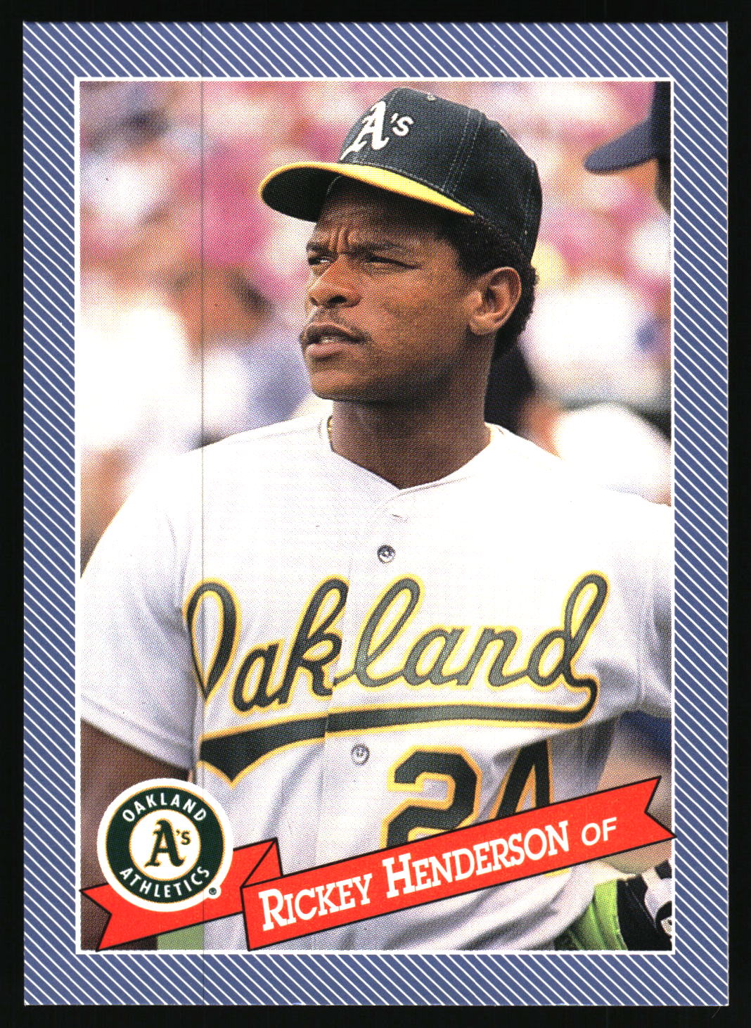 A vintage Oakland Athletics baseball trading card featuring Rickey Henderson in a white uniform and black cap with yellow trim, bordered by a blue striped frame with player text at the bottom.
