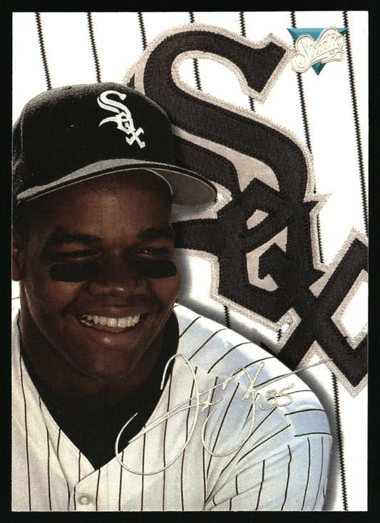 A baseball trading card featuring Frank Thomas in a Chicago White Sox uniform and cap, with a large Sox logo and the player's signature across the lower portion.
