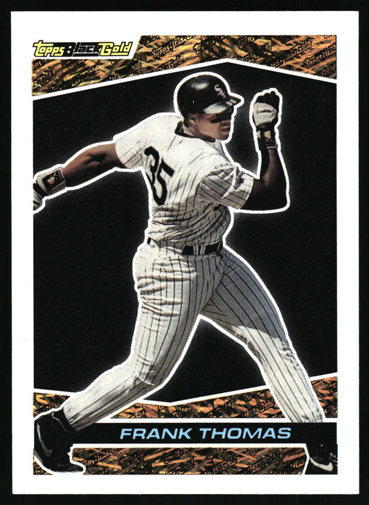 A Topps 1993 Star Baseball trading card featuring Frank Thomas of the Chicago White Sox in a pinstripe uniform, shown in a dynamic batting pose on a black background with a gold patterned border.