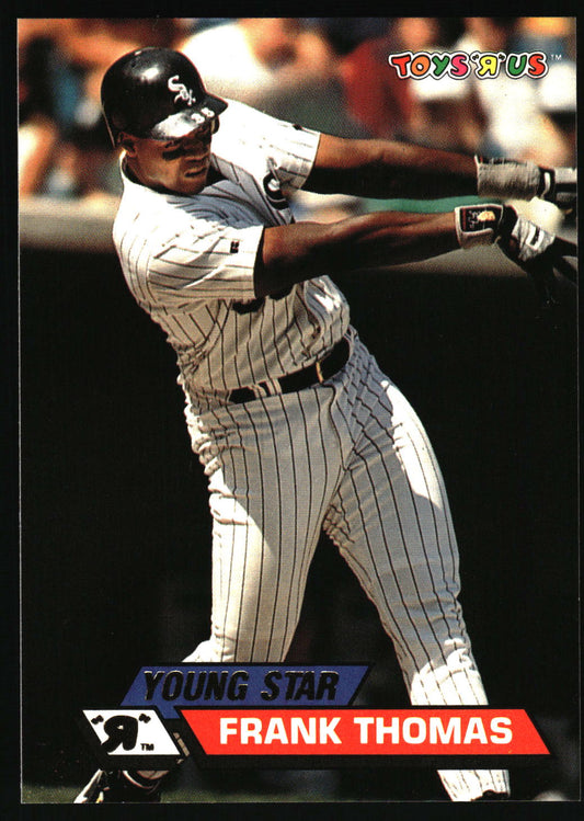 A vintage baseball trading card featuring Frank Thomas in a Chicago Cubs pinstripe uniform mid-swing, with the Toys 'R Us logo at the top and player name at the bottom.