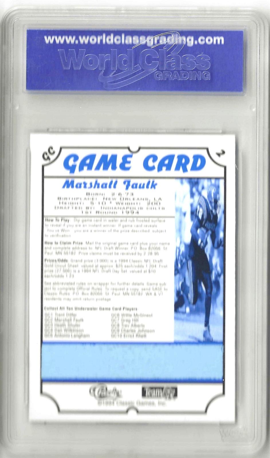 Back of trading card with stats and text about Marshall Faulk titled 'GAME CARD'.