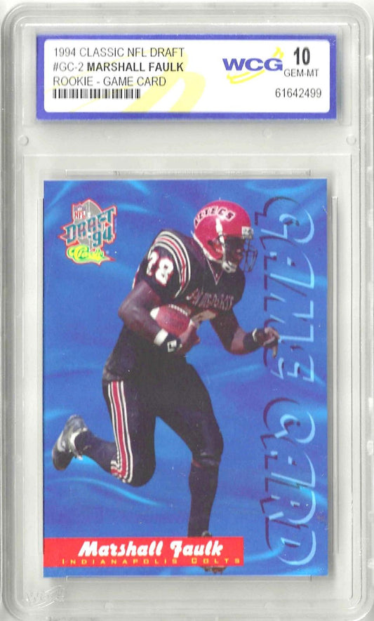 Vintage trading card featuring Marshall Faulk holding a football, with 'GAME CARD' vertical text and player name at the bottom. 