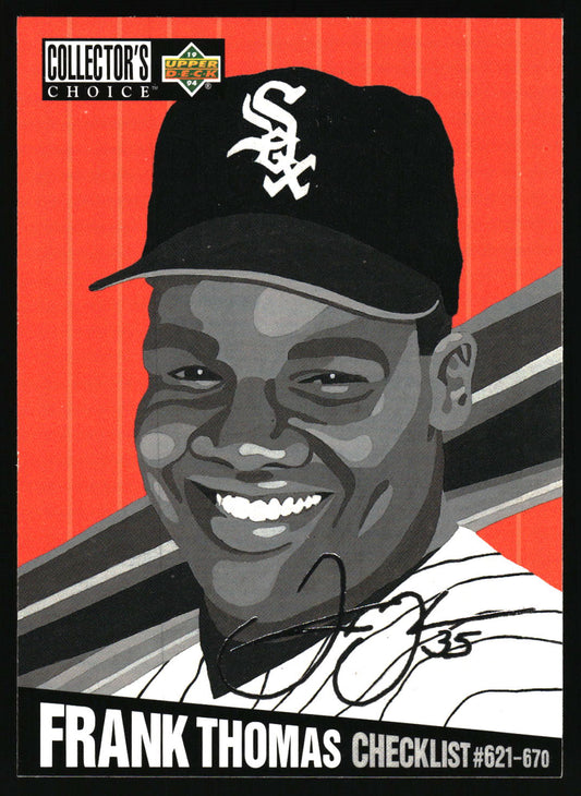 A collectible baseball trading card featuring an illustrated portrait of Frank Thomas, a Chicago White Sox player. The card has a red striped background, a black cap with a white Sox logo, and a black banner at the bottom reading 'FRANK THOMAS CHECKLIST #621-670'.
