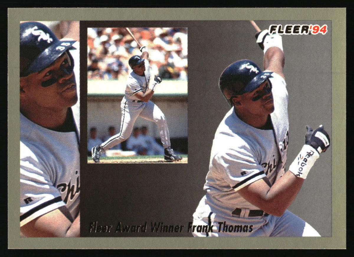 A Fleer 1994 baseball trading card featuring Frank Thomas, showing multiple action shots of him batting in a white Chicago White Sox uniform, with the text 'Fleer Award Winner Frank Thomas' at the bottom.