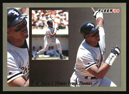 A Fleer 1994 baseball trading card featuring Frank Thomas, showing multiple action shots of him batting in a white Chicago White Sox uniform, with the text 'Fleer Award Winner Frank Thomas' at the bottom.