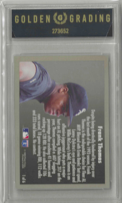 A collectible baseball trading card back featuring Frank Thomas, with a photo of him in a black cap and sleeve on the left, extensive white player statistics on a dark gray background, and MLB and Fleer logos at the bottom.