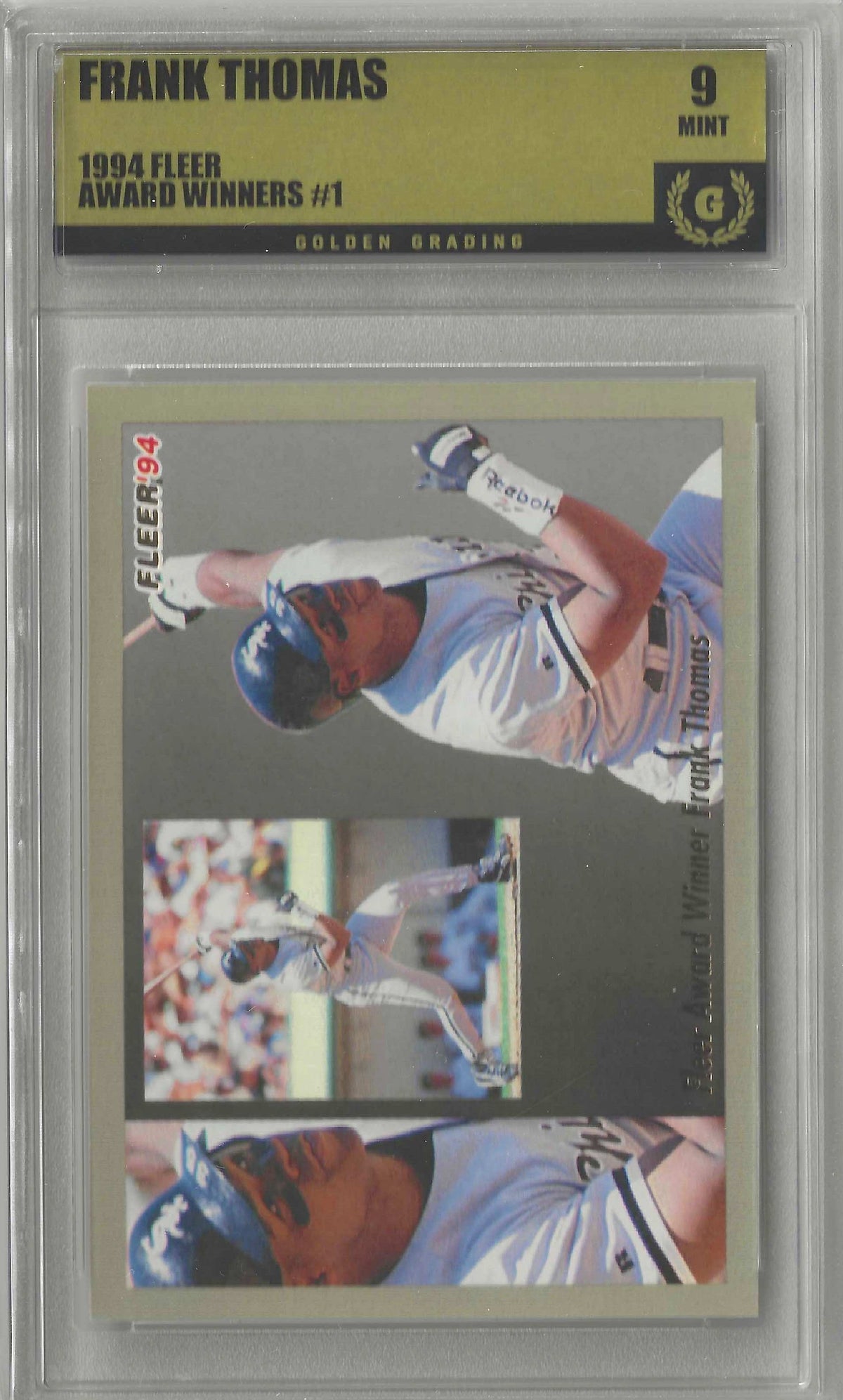 A Fleer 1994 baseball trading card featuring Frank Thomas, showing multiple action shots of him batting in a white Chicago White Sox uniform, with the text 'Fleer Award Winner Frank Thomas' at the bottom.