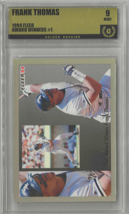 A Fleer 1994 baseball trading card featuring Frank Thomas, showing multiple action shots of him batting in a white Chicago White Sox uniform, with the text 'Fleer Award Winner Frank Thomas' at the bottom.