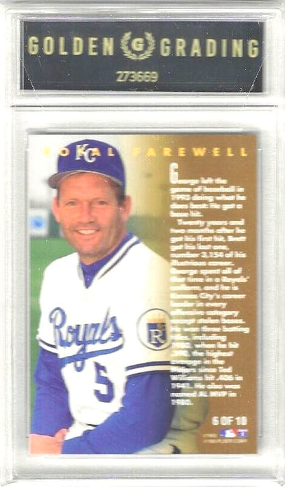 Back of George Brett trading card titled 'Royal Farewell'.