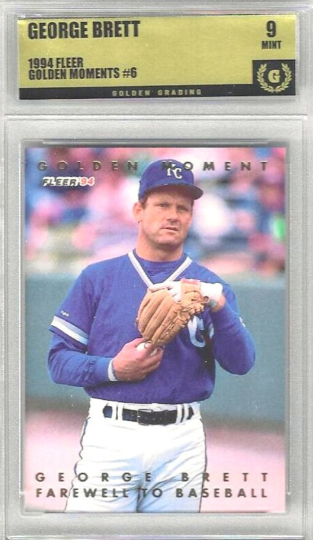 Trading care titled Golden Moment featuring a portrait of George Brett  with glove and baseball. Farewell to Baseball is printed in gold text at the bottom.