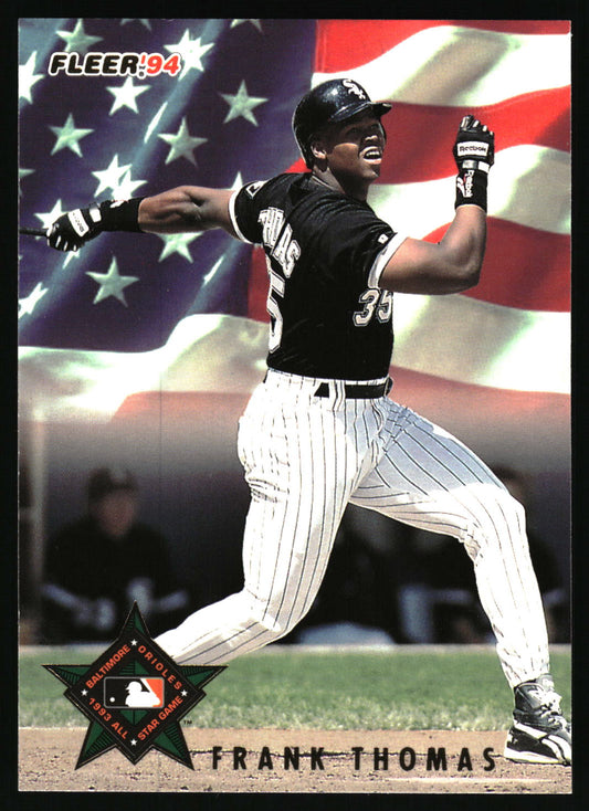 A vintage baseball trading card featuring Frank Thomas of the Chicago White Sox in a black and white pinstripe uniform, captured mid-swing against a blurred American flag background. The card includes the Fleer '94 logo and a star-shaped MLB logo at the bottom.