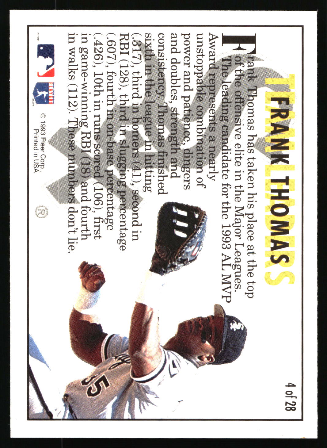 A vintage baseball trading card featuring Frank Thomas, with biographical text, a photo of him batting, and MLB and Topps logos. The card is photographed against a plain white background.
