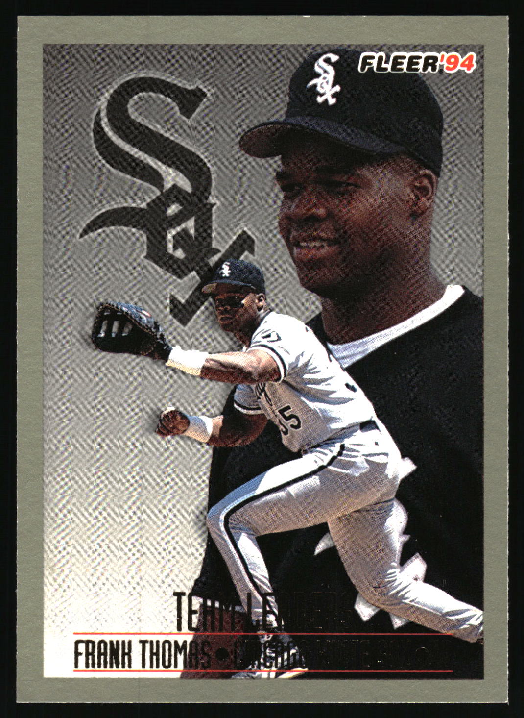 A vintage baseball trading card featuring Frank Thomas of the Chicago White Sox. The card has a gray background with a large 'Sox' logo, a close-up portrait of Frank Thomas in a black cap and black shirt in the foreground, and a smaller action shot of him pitching in a white uniform.