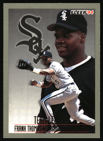 A vintage baseball trading card featuring Frank Thomas of the Chicago White Sox. The card has a gray background with a large 'Sox' logo, a close-up portrait of Frank Thomas in a black cap and black shirt in the foreground, and a smaller action shot of him pitching in a white uniform.